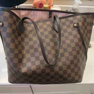 Louis Vuitton Brown Checkered Tote Bag with Pink Interior
